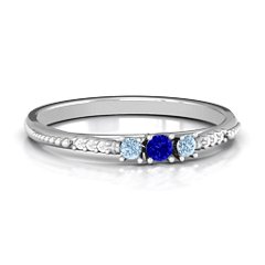 Trinity Ring on Accented Band – Sterling Silver with Blue Sapphire, Aquamarine, and White Premium Zirconia