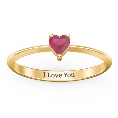 Solitaire Heart Gemstone Ring with Tapered Knife Edge Band – 18K Gold Plated Silver with Ruby