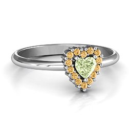 Heart with Halo Promise Ring in 925 Sterling Silver with Peridot and Fancy Yellow Premium Zirconia