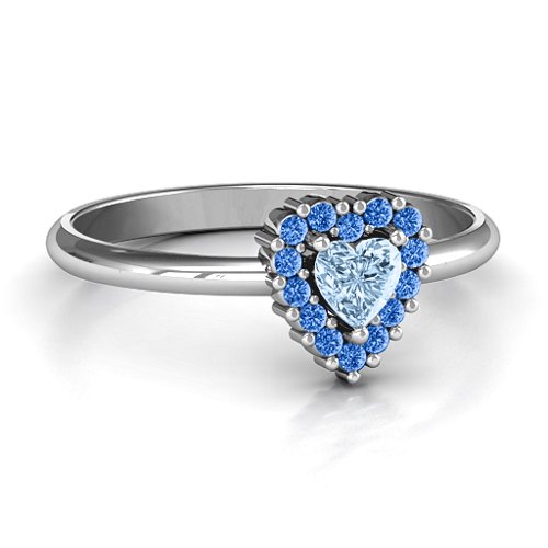 Heart with Halo Promise Ring – Sterling Silver with Aquamarine and Fancy Blue Premium Zirconia