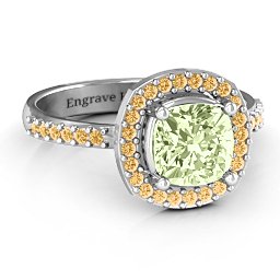 Cushion Cut Statement Ring with Halo in 925 Sterling Silver with Peridot and Fancy Yellow Premium Zirconia