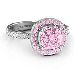 Cushion Cut Statement Ring with Halo in 925 Sterling Silver with Fancy Pink Premium Zirconia and White Premium Zirconia