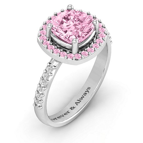 Cushion Cut Statement Ring with Halo – Sterling Silver with Fancy Pink Premium Zirconia and White Premium Zirconia