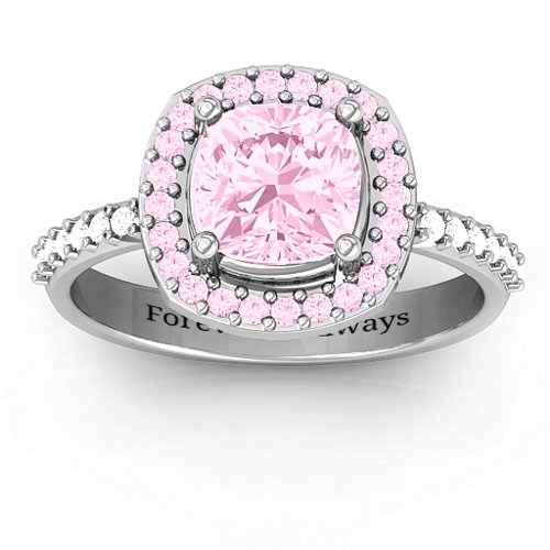 Cushion Cut Statement Ring with Halo – Sterling Silver with Fancy Pink Premium Zirconia and White Premium Zirconia