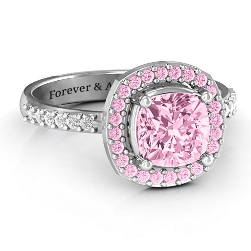 Cushion Cut Statement Ring with Halo – Sterling Silver with Fancy Pink Premium Zirconia and White Premium Zirconia
