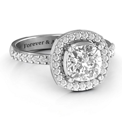 Cushion Cut Statement Ring with Halo – Sterling Silver with White Premium Zirconia