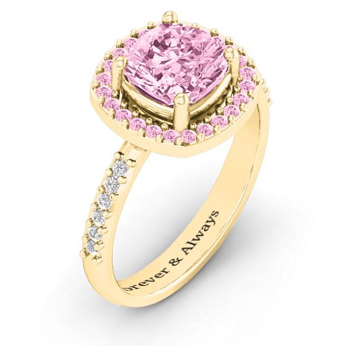 Cushion Cut Statement Ring with Halo – 10K Yellow Gold with Fancy Pink Premium Zirconia and White Premium Zirconia