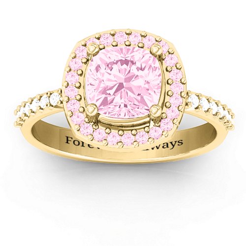Cushion Cut Statement Ring with Halo – 10K Yellow Gold with Fancy Pink Premium Zirconia and White Premium Zirconia