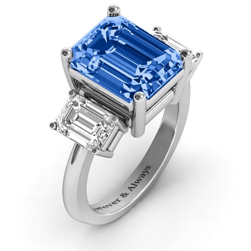 Emerald Cut Trinity Ring – Sterling Silver with Fancy Blue Premium Zirconia and White Premium Zirconia