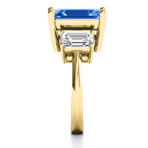 Emerald Cut Trinity Ring – 10K Yellow Gold with Fancy Blue Premium Zirconia and White Premium Zirconia
