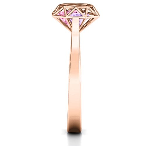 Diamond Cage Ring with Encased Heart Stones – 10K Rose Gold with Pink Tourmaline and Amethyst
