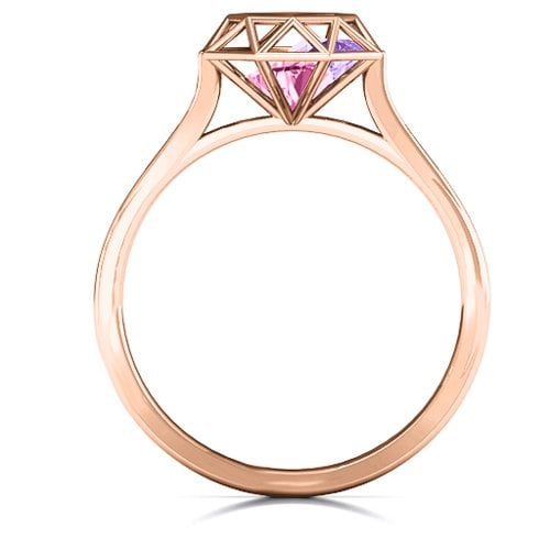 Diamond Cage Ring with Encased Heart Stones – 10K Rose Gold with Pink Tourmaline and Amethyst