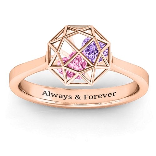 Diamond Cage Ring with Encased Heart Stones – 10K Rose Gold with Pink Tourmaline and Amethyst