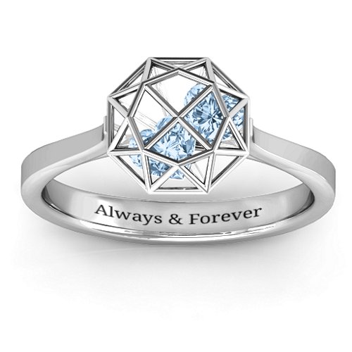 Diamond Cage Ring with Encased Heart Stones