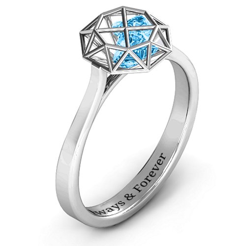 Diamond Cage Ring with Encased Heart Stones – Sterling Silver with Blue Topaz
