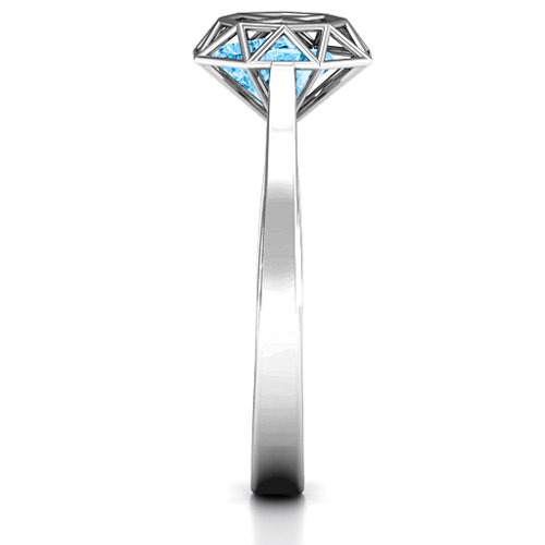 Diamond Cage Ring with Encased Heart Stones – Sterling Silver with Blue Topaz