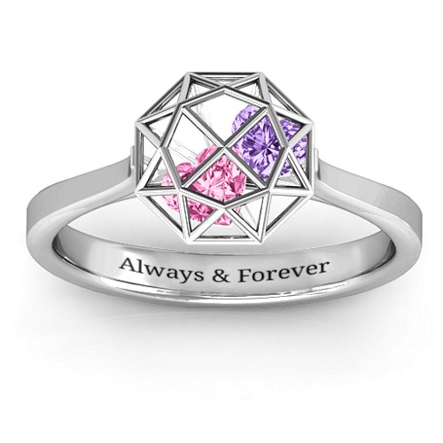 Diamond Cage Ring with Encased Heart Stones – Sterling Silver with Pink Tourmaline and Amethyst