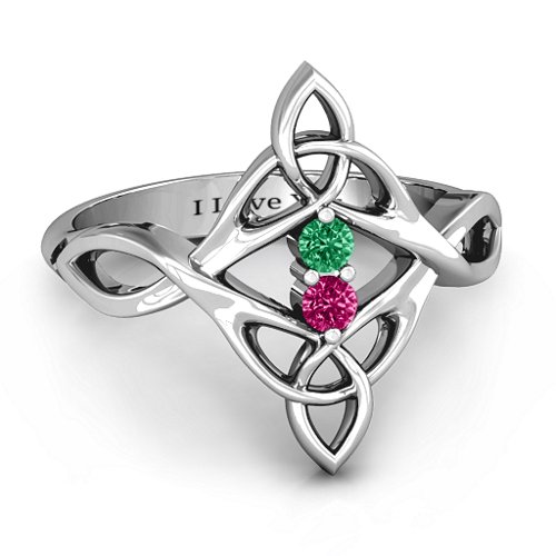Celtic Sparkle Ring with Interwoven Infinity Band – Sterling Silver with Emerald and Ruby