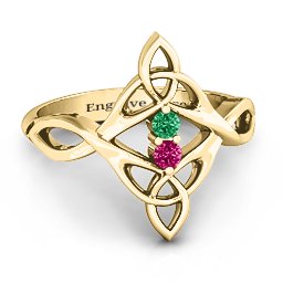 Celtic Sparkle Ring with Interwoven Infinity Band in 10K Solid Yellow Gold with Emerald and Ruby