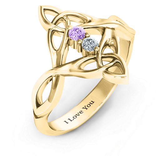 Celtic Sparkle Ring with Interwoven Infinity Band – 10K Yellow Gold with Amethyst and Cubic Zirconia
