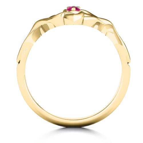 Celtic Sparkle Ring with Interwoven Infinity Band – 10K Yellow Gold with Emerald and Ruby