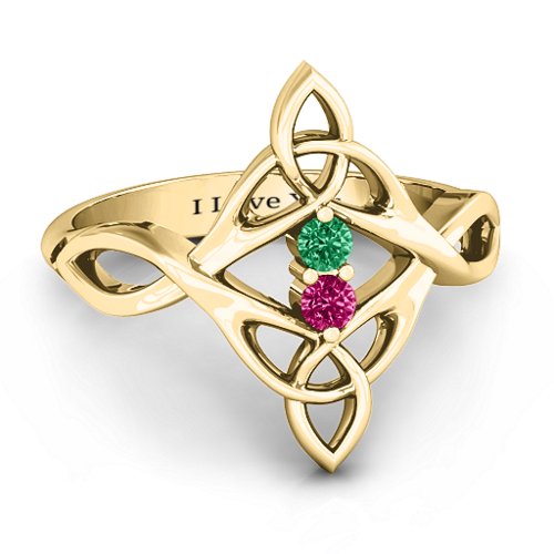 Celtic Sparkle Ring with Interwoven Infinity Band – 10K Yellow Gold with Emerald and Ruby