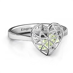 Diamond Heart Cage Ring With Encased Heart Stones in 925 Sterling Silver with Peridot and Ruby