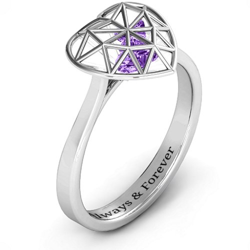 Diamond Heart Cage Ring With Encased Heart Stones – Sterling Silver with Amethyst