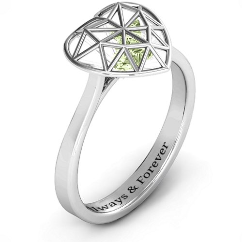 Diamond Heart Cage Ring With Encased Heart Stones – Sterling Silver with Peridot