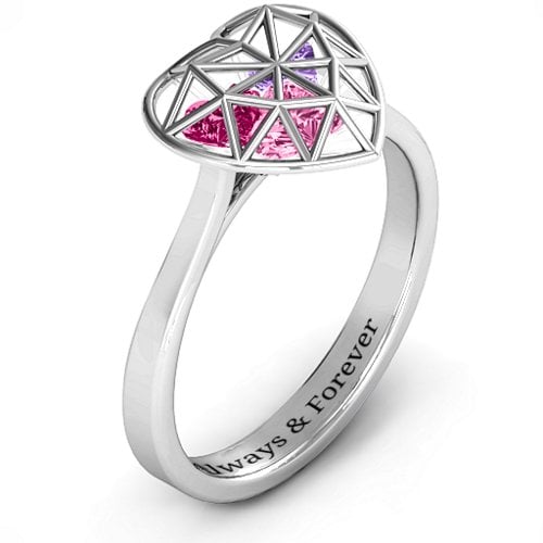 Diamond Heart Cage Ring With Encased Heart Stones