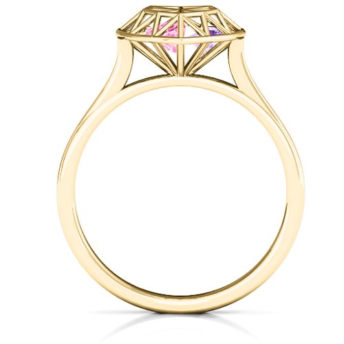 Diamond Heart Cage Ring With Encased Heart Stones – 14K Yellow Gold with Pink Tourmaline and Amethyst
