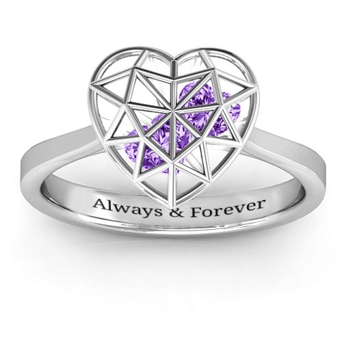 Diamond Heart Cage Ring With Encased Heart Stones – Sterling Silver with Amethyst
