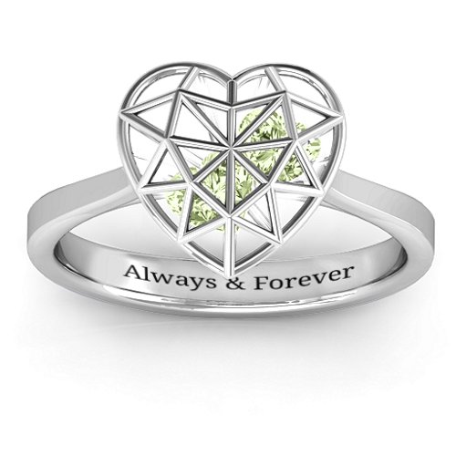 Diamond Heart Cage Ring With Encased Heart Stones – Sterling Silver with Peridot