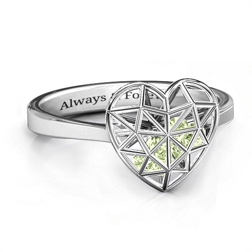 Diamond Heart Cage Ring With Encased Heart Stones – Sterling Silver with Peridot
