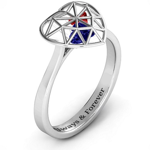 Diamond Heart Cage Ring With Encased Heart Stones – Sterling Silver with Blue Sapphire and Garnet