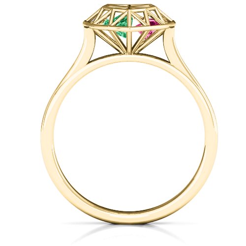 Diamond Heart Cage Ring With Encased Heart Stones – 10K Yellow Gold with Emerald and Ruby