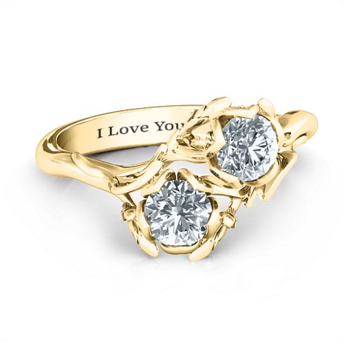 Be-leaf In Love Double Gemstone Floral Ring – 10K Yellow Gold with Cubic Zirconia