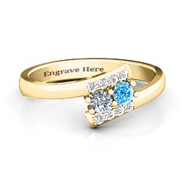 Must Be Love Two Stone Ring in 14K Solid Yellow Gold with Cubic Zirconia, Blue Topaz, and White Premium Zirconia