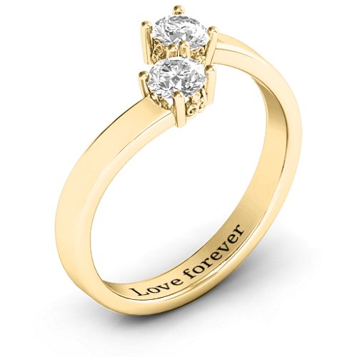 Two Stone Ring With Filigree Settings – 10K Yellow Gold with White Sapphire