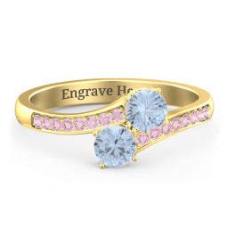 Two Stone Ring With Sparkling Accents And Filigree Settings in 14K Solid Yellow Gold with Aquamarine and Fancy Pink Premium Zirconia
