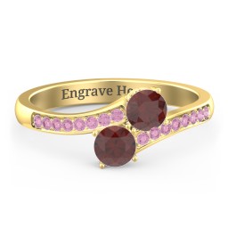 Two Stone Ring With Sparkling Accents And Filigree Settings in 18K Gold Plated Silver with Garnet and Red Premium Zirconia
