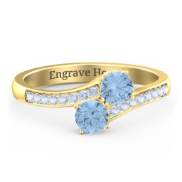 Two Stone Ring With Sparkling Accents And Filigree Settings in 18K Gold Plated Silver with Blue Topaz and Fancy Blue Premium Zirconia