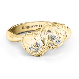 Double Heart Cage Ring with 1-6 Heart Shaped Birthstones in 10K Solid Yellow Gold with Cubic Zirconia