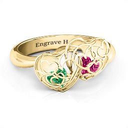 Double Heart Cage Ring with 1-6 Heart Shaped Birthstones in 10K Solid Yellow Gold with Emerald and Ruby