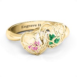 Double Heart Cage Ring with 1-6 Heart Shaped Birthstones in 14K Solid Yellow Gold with Pink Tourmaline and Emerald