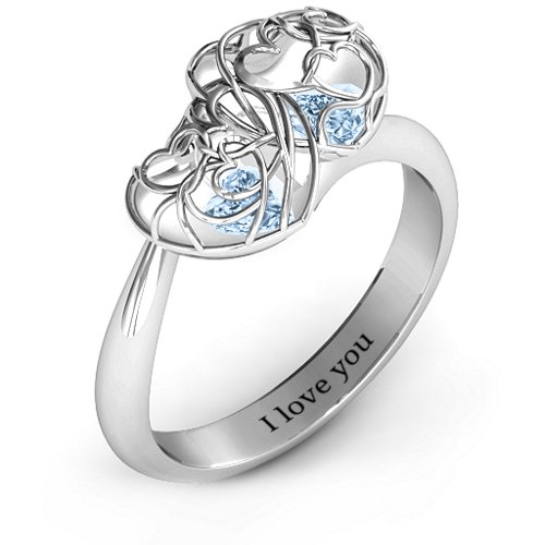 Double Heart Cage Ring with 1-6 Heart Shaped Birthstones