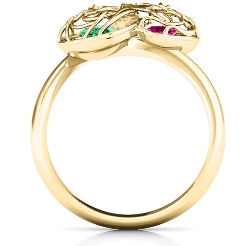 Double Heart Cage Ring with 1-6 Heart Shaped Birthstones – 10K Yellow Gold with Emerald and Ruby