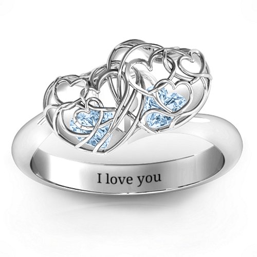 Double Heart Cage Ring with 1-6 Heart Shaped Birthstones