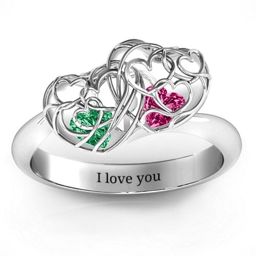 Double Heart Cage Ring with 1-6 Heart Shaped Birthstones