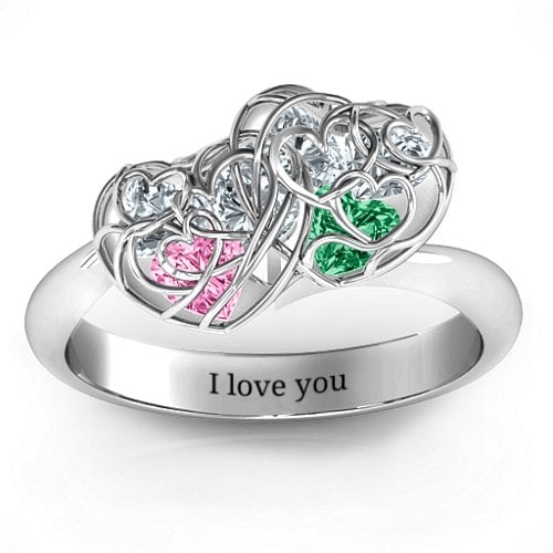 Double Heart Cage Ring with 1-6 Heart Shaped Birthstones